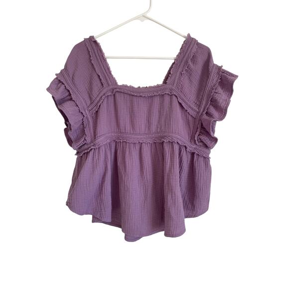 Andthewhy purple gauzy short sleeve ruffled top babydoll solid square neck Small - Picture 1 of 8